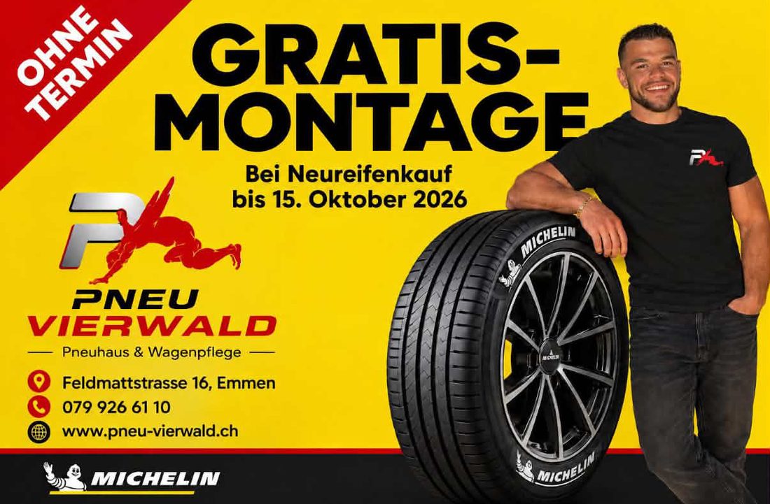 Aktion Pneu Vierwald: Gratis-Montage beim Neureifenkauf bis 15. Oktober 2026, ohne Termin